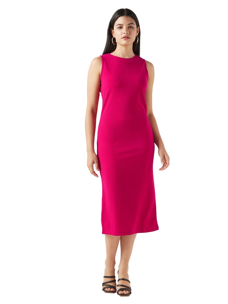 Bewakoof Women's Solid Regular Fit Sleeveless Round Neck Poly Spandex Bodycon Dress 654548 Pink M - Image 2