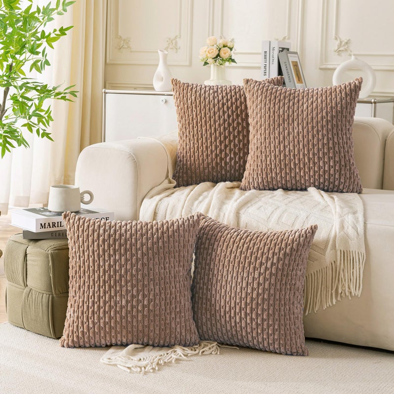 Cozoomy Set of 4 Light Brown Decorative Pillow Covers 18x18 Inch Corduroy Throw Pillow Covers for Bed Couch Sofa Living Room Soft Cushion Cases - Image 1