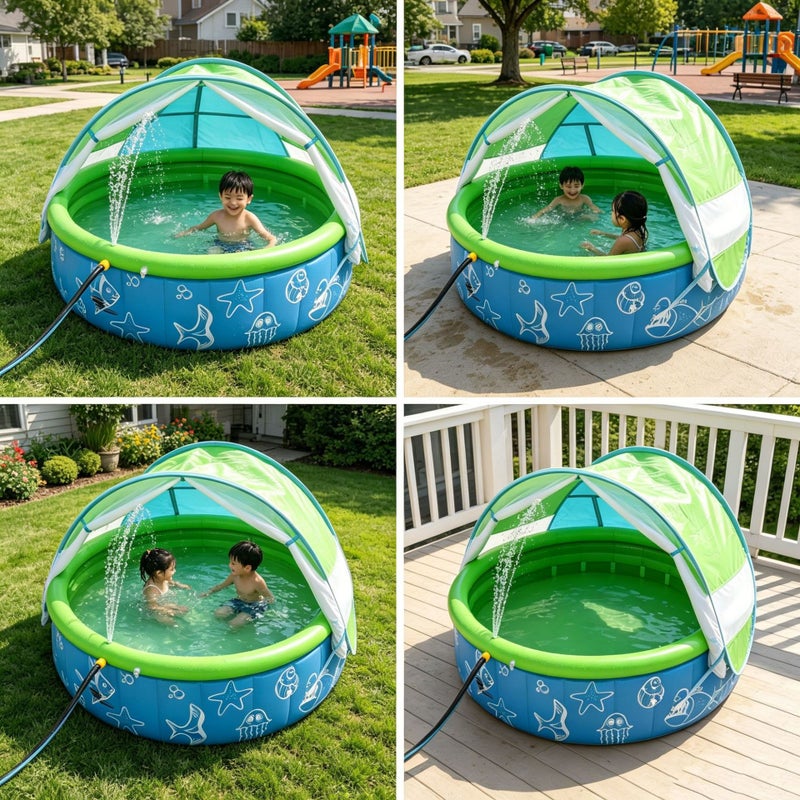 Kids Inflatable Pool with Sunshade and Water Spray - Image 3
