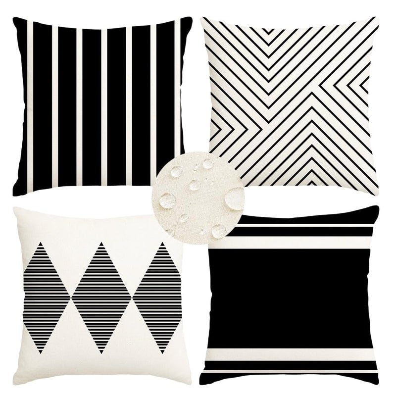 RABUSOFA Outdoor Pillows Waterproof,18x18 inch Black and White Throw Pillows Boho Set of 4 for Patio Furniture,Sunbrella Outdoor Pillow Covers for Couch(2W-18) (no Insert) - Image 1