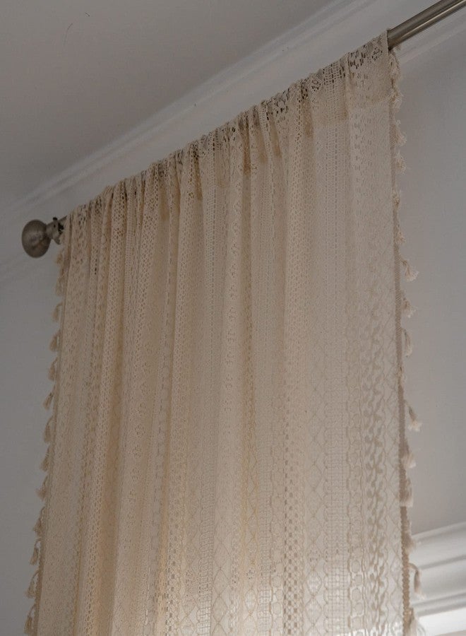Sutuo Home ستارة Sutuo Home Boho من الدانتيل الكروشيه شبه الشفاف، بتصميم بوهيمي مجوف محبوك يدويًا مع شرابات، مزودة بجيب للعمود، مناسبة لغرف المعيشة والنوم، لوحة واحدة، عرض 59 بوصة × طول 63 بوصة، لون بيج - Image 4