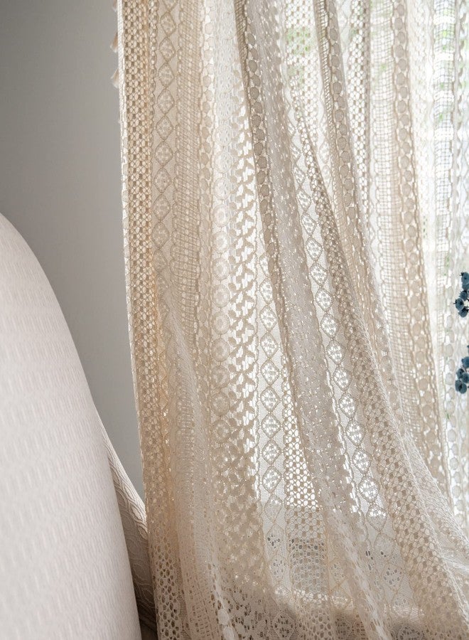 Sutuo Home ستارة Sutuo Home Boho من الدانتيل الكروشيه شبه الشفاف، بتصميم بوهيمي مجوف محبوك يدويًا مع شرابات، مزودة بجيب للعمود، مناسبة لغرف المعيشة والنوم، لوحة واحدة، عرض 59 بوصة × طول 63 بوصة، لون بيج - Image 2