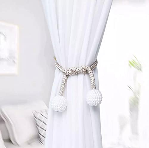 Home-Cloud HomeCloud Magnetic Curtain Tiebacks Convenient Drape Tie Backs - Pearl Decorative Rope Holdback Holder for Window Drapries Color Cream (1pair 2 pcs) - Image 1