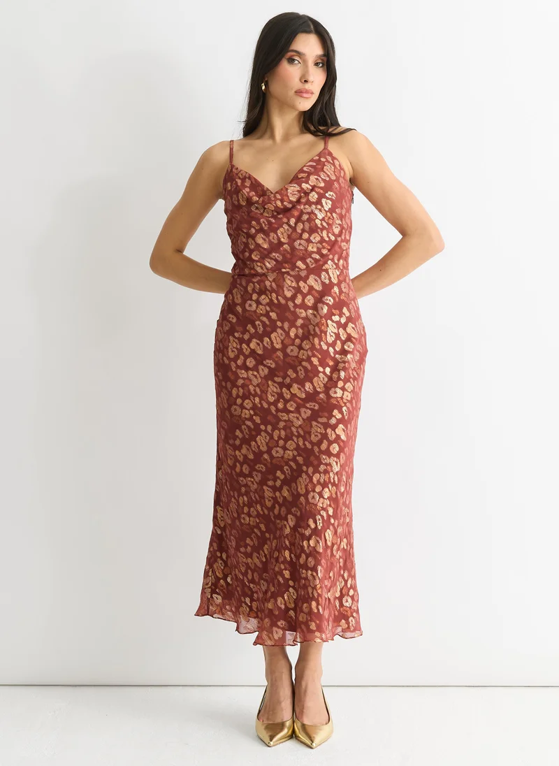 Gini London  Brown Viscose Animal Jacquard Cowl Midi Dress for Women | Best Price UAE