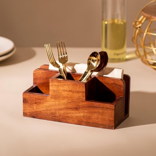 nestroots Wooden Napkin & Cutlery Holder Spoon stand for kitchen | 9 Inch Brown | Cutlery Holder for Dining Table | Wooden Caddy Storage Organiser Stand Caddy Holder | Stylish Kitchen Décor - Image 1