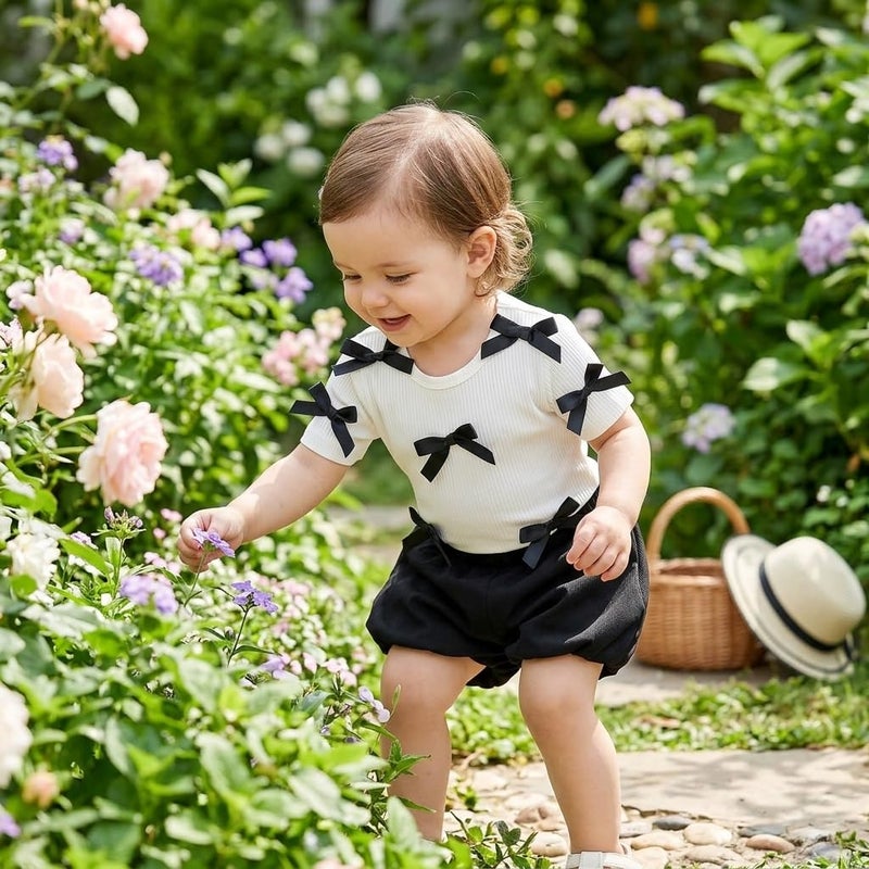 Girls Baby Bow Ribbed Short Sleeve Top and Elastic Waist Bloomer Shorts Set - Image 2