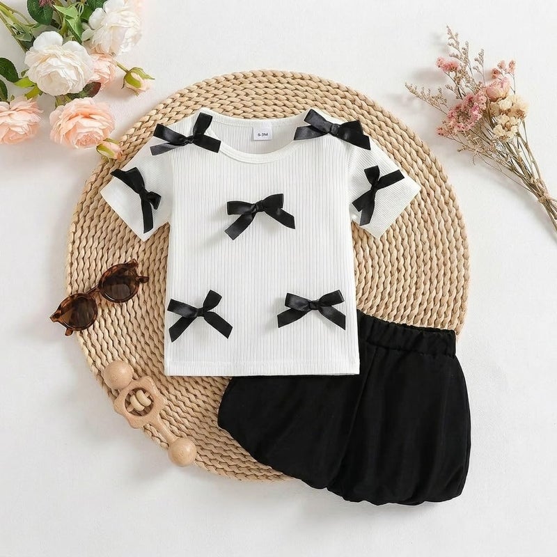 Girls Baby Bow Ribbed Short Sleeve Top and Elastic Waist Bloomer Shorts Set - Image 1