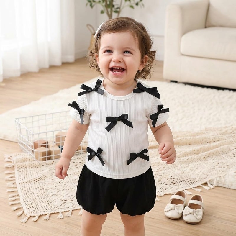 Girls Baby Bow Ribbed Short Sleeve Top and Elastic Waist Bloomer Shorts Set - Image 3