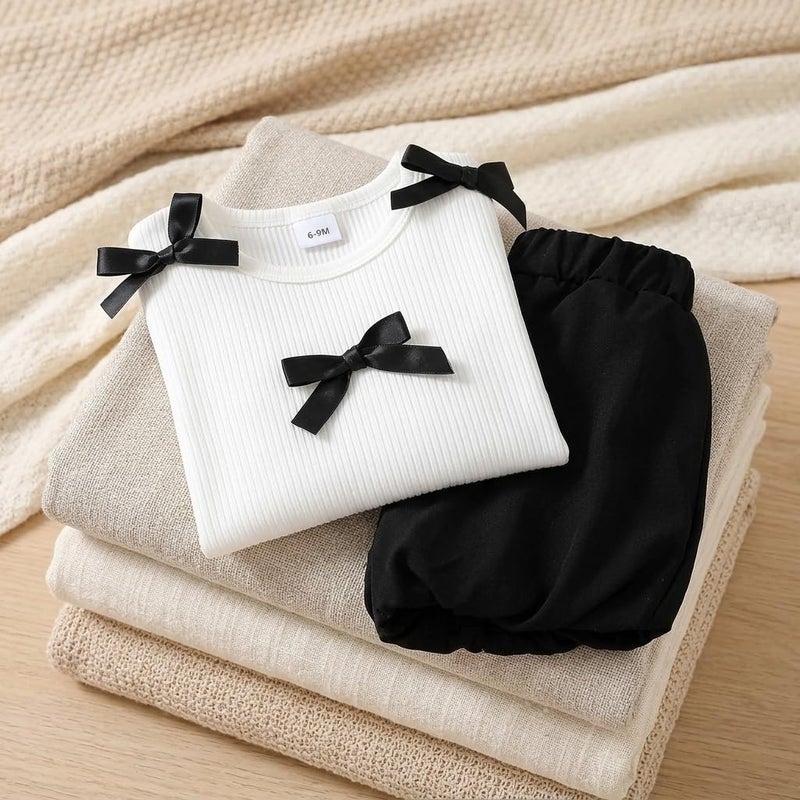 Girls Baby Bow Ribbed Short Sleeve Top and Elastic Waist Bloomer Shorts Set - Image 4