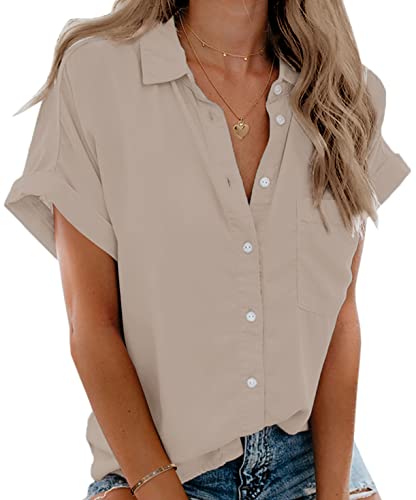 Beautife Womens Short Sleeve Shirts V Neck Collared Button Down Shirt Tops with Pockets (X-Large, Apricot) - Image 1