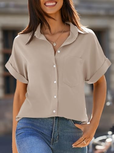 Beautife Womens Short Sleeve Shirts V Neck Collared Button Down Shirt Tops with Pockets (X-Large, Apricot) - Image 3