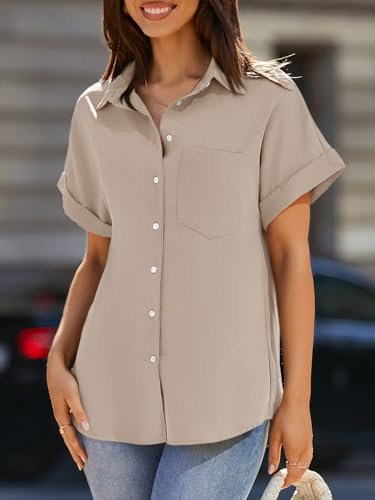 Beautife Womens Short Sleeve Shirts V Neck Collared Button Down Shirt Tops with Pockets (X-Large, Apricot) - Image 2