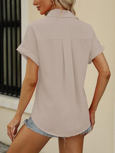Beautife Womens Short Sleeve Shirts V Neck Collared Button Down Shirt Tops with Pockets (X-Large, Apricot) - Image 5