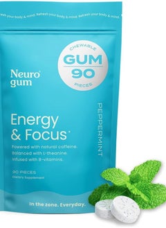 NeuroGum Energy Caffeine Gum (90 Pieces) - Sugar Free with L-theanine + Natural Caffeine + Vitamin B12 & B6 - Nootropic Energy & Focus Supplement for Women & Men - Keto & Vegan, Peppermint Flavor  - Image 1