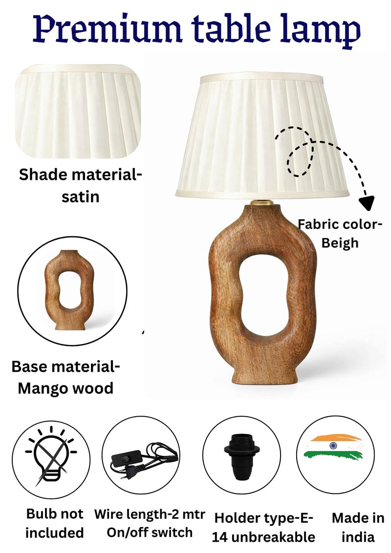 tu casa Wooden Table Lamp for Bedroom & Living Room | Natural Wood Base with Satin Fabric Shade | Decorative Bedside Night Lamp for Home Décor & Festive Gifting - Image 5