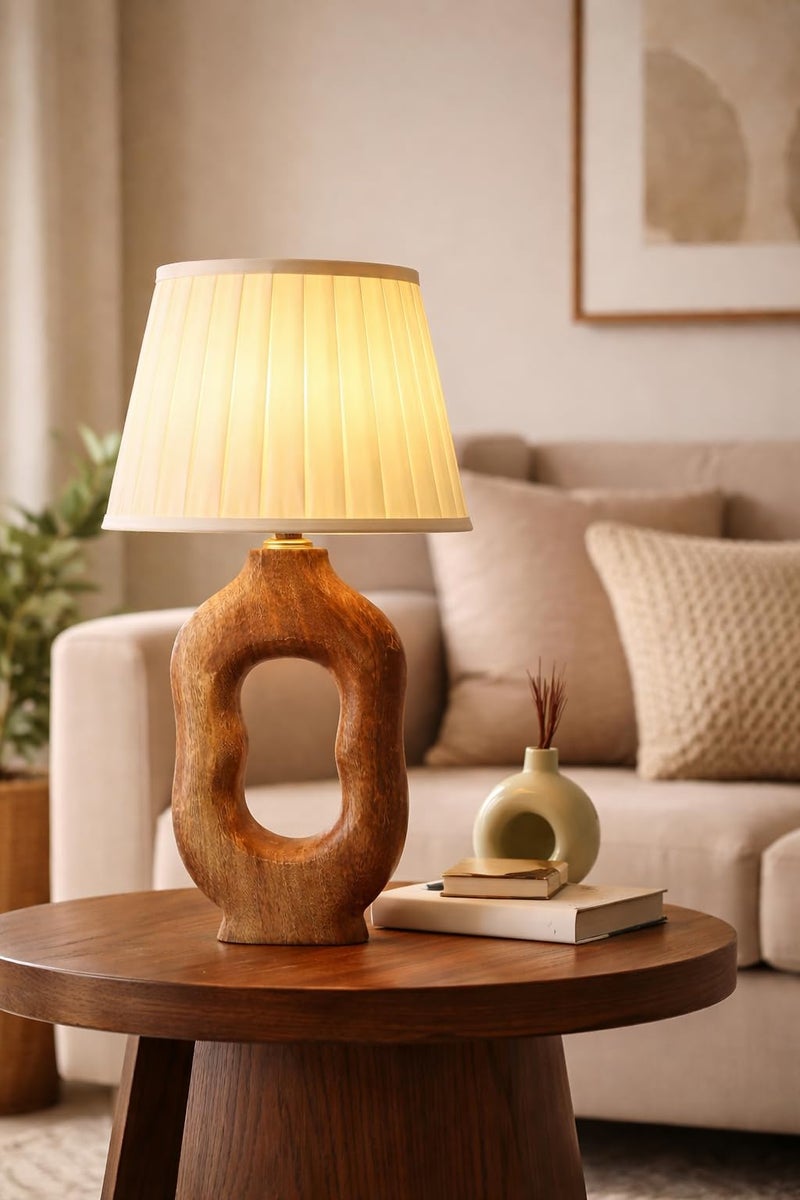 tu casa Wooden Table Lamp for Bedroom & Living Room | Natural Wood Base with Satin Fabric Shade | Decorative Bedside Night Lamp for Home Décor & Festive Gifting - Image 1