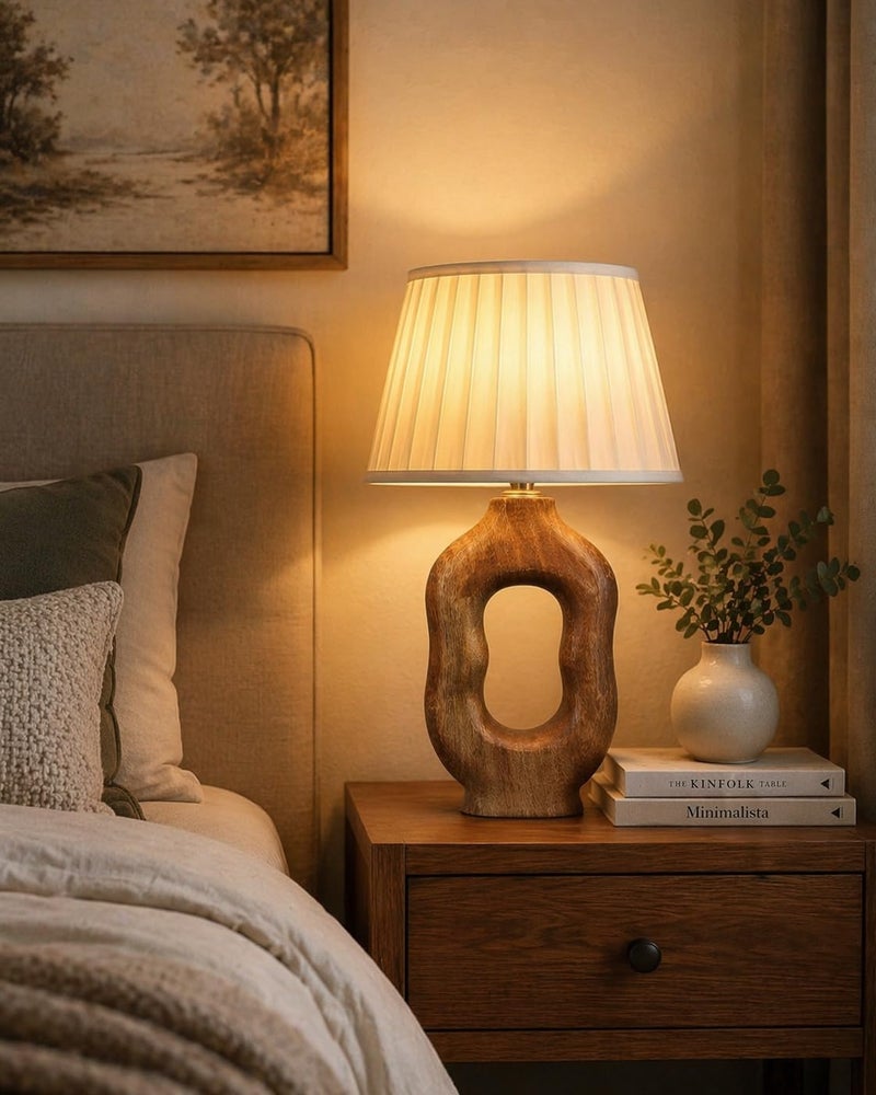 tu casa Wooden Table Lamp for Bedroom & Living Room | Natural Wood Base with Satin Fabric Shade | Decorative Bedside Night Lamp for Home Décor & Festive Gifting - Image 2