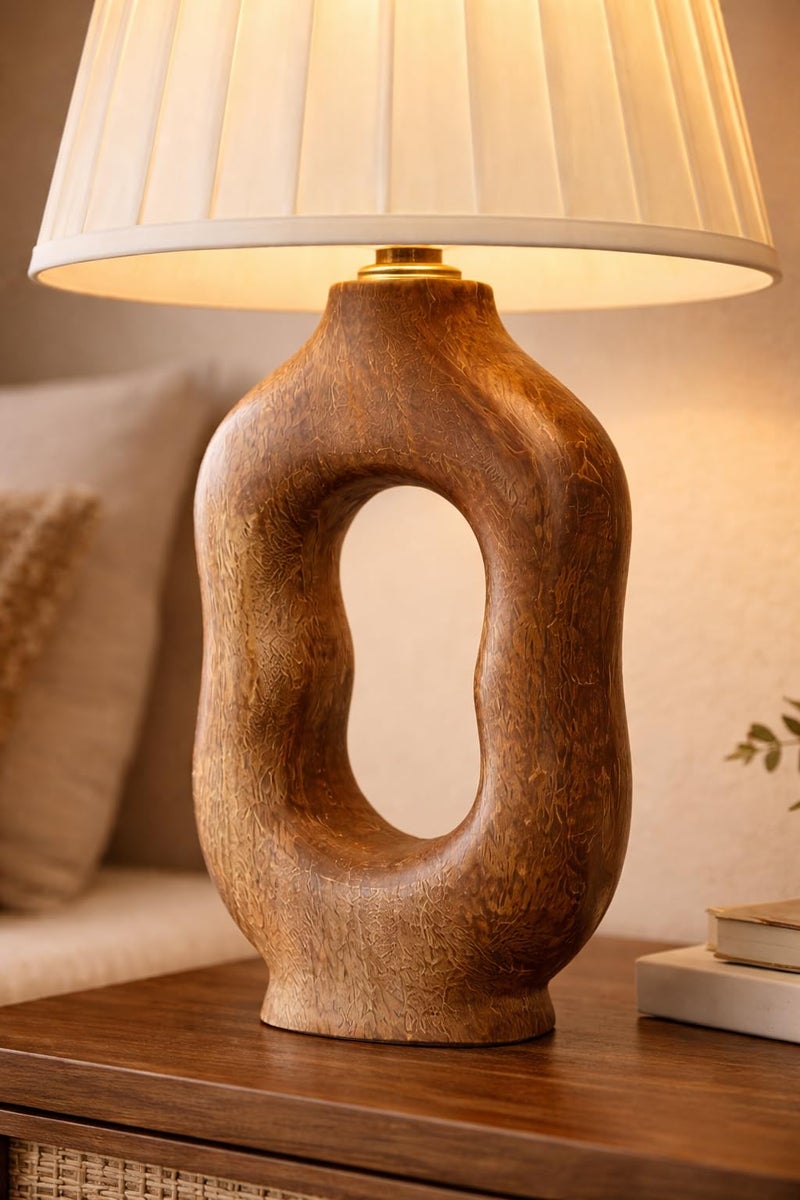 tu casa Wooden Table Lamp for Bedroom & Living Room | Natural Wood Base with Satin Fabric Shade | Decorative Bedside Night Lamp for Home Décor & Festive Gifting - Image 4