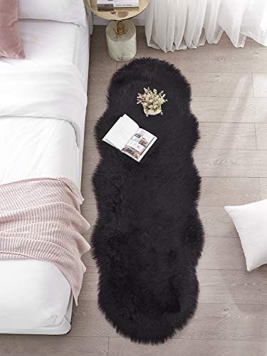 SERISSA Ultra Soft Fluffy Rug Black Faux Sheepskin Fur Area Rug Shaggy Couch Cover Seat Cushion Furry Carpet Beside Rugs for Bedroom Floor Sofa Living Room Runner 2x6 Feet Black - Image 2