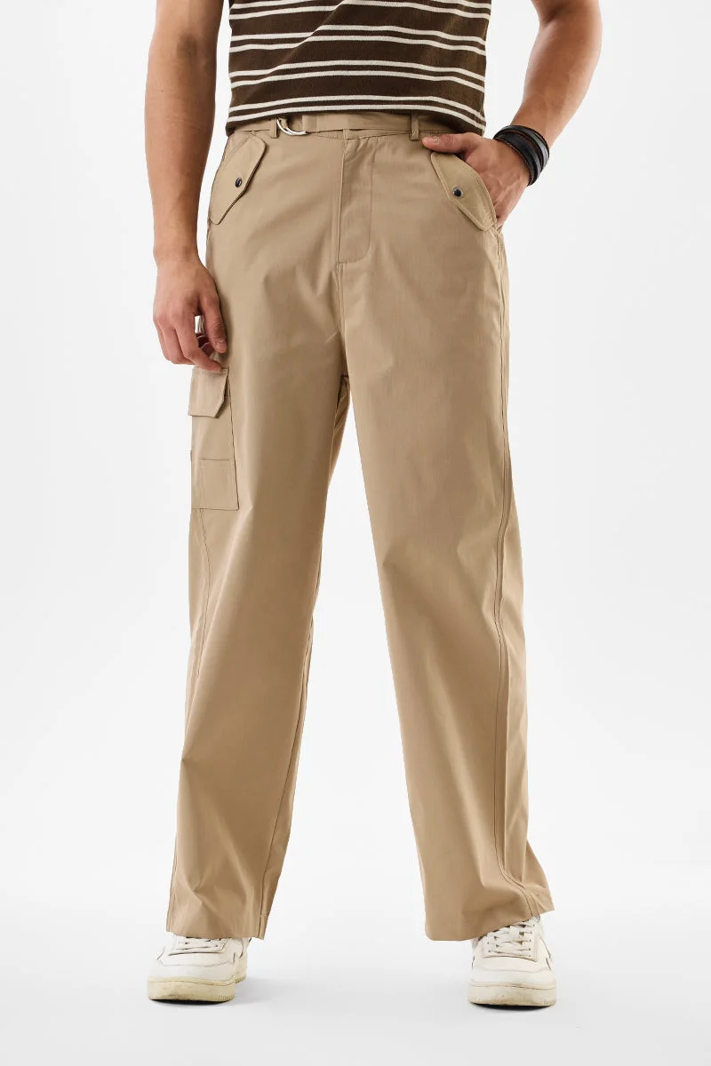 SNITCH Beige Solid Relaxed Casual Cargo