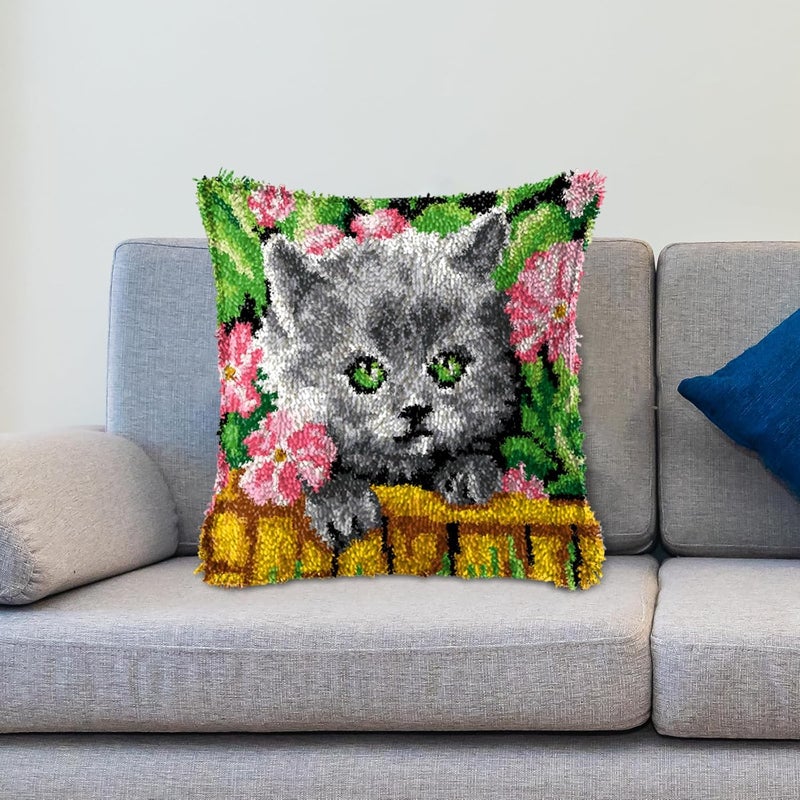 LAPATAIN Latch Hook Kits for DIY Throw Pillow Cover,Flower Cat Needlework Cushion Cover Hand Craft Crochet for Great Family 15.7X15.7inch - Image 4