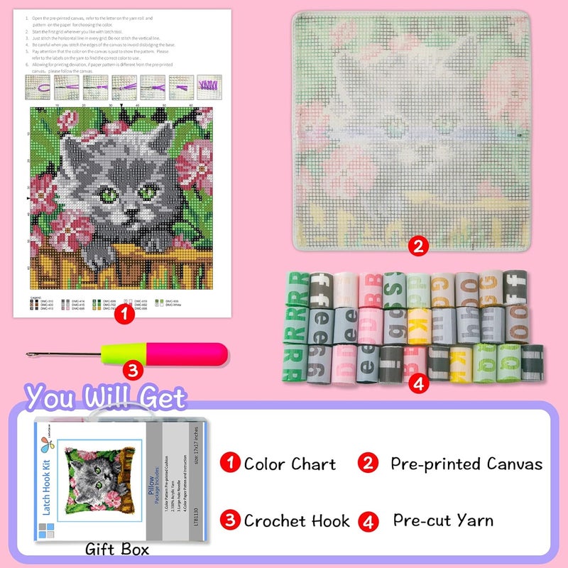 LAPATAIN Latch Hook Kits for DIY Throw Pillow Cover,Flower Cat Needlework Cushion Cover Hand Craft Crochet for Great Family 15.7X15.7inch - Image 2