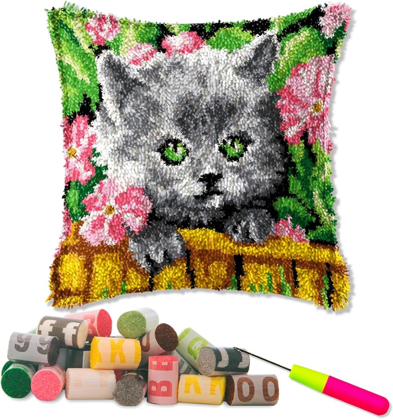 LAPATAIN Latch Hook Kits for DIY Throw Pillow Cover,Flower Cat Needlework Cushion Cover Hand Craft Crochet for Great Family 15.7X15.7inch - Image 1