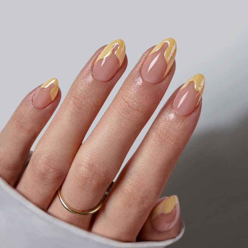 BTArtbox French Tip Press On Nails - Lamp-Curable Short Almond Press On Nails with Glue for Women, Semi-Transparent Soft Gel Glue On Nails in 16 Sizes - 32 Stick On Nails Kit, Lemon Fizz - Image 1