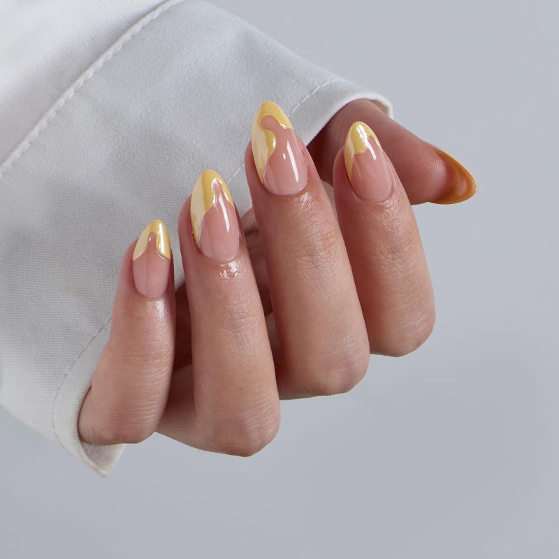 BTArtbox French Tip Press On Nails - Lamp-Curable Short Almond Press On Nails with Glue for Women, Semi-Transparent Soft Gel Glue On Nails in 16 Sizes - 32 Stick On Nails Kit, Lemon Fizz - Image 3