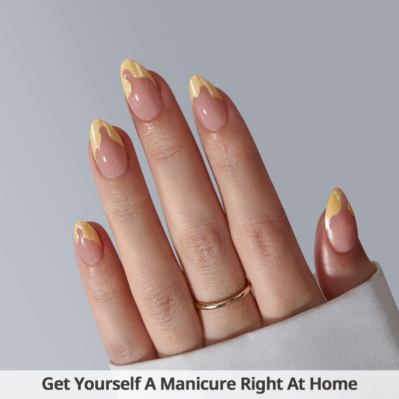 BTArtbox French Tip Press On Nails - Lamp-Curable Short Almond Press On Nails with Glue for Women, Semi-Transparent Soft Gel Glue On Nails in 16 Sizes - 32 Stick On Nails Kit, Lemon Fizz - Image 2