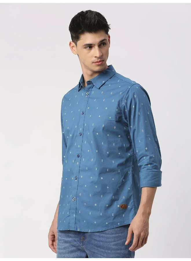 Being Human Mens Deep Ocean Collared Long Sleeve Shirt