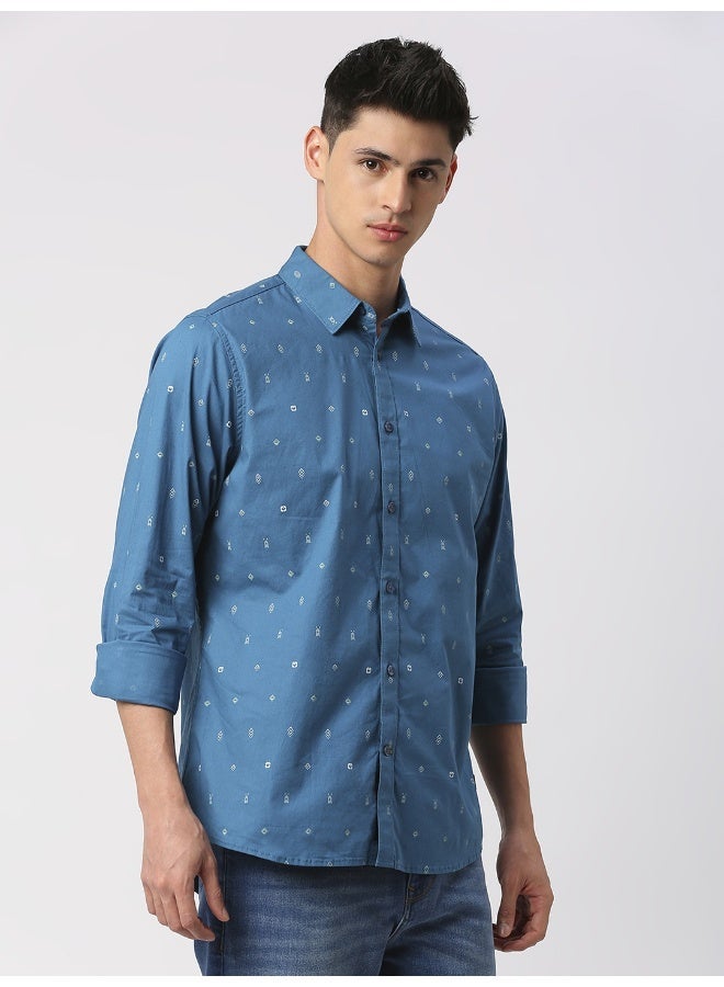 Being Human Mens Deep Ocean Collared Long Sleeve Shirt - Image 1