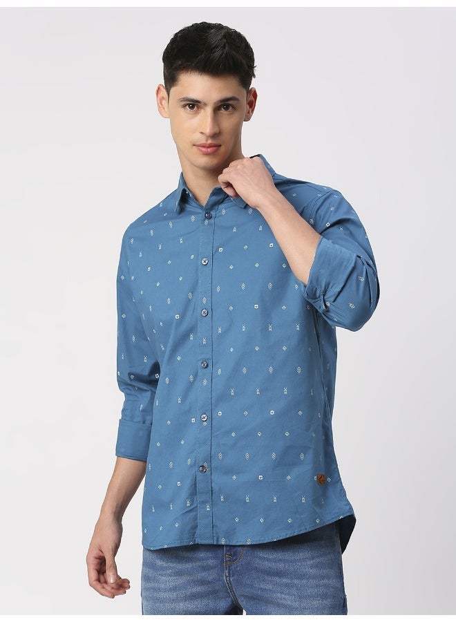 Being Human Mens Deep Ocean Collared Long Sleeve Shirt - Image 3