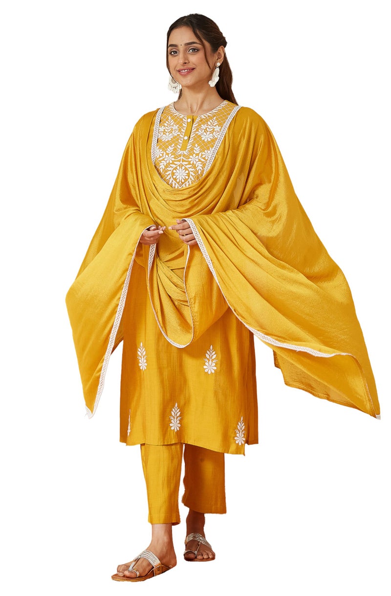 Janasya Women's Mustard Silk Blend Embroidered Straight Kurta Set (JAB25ST02838-L) - Image 1
