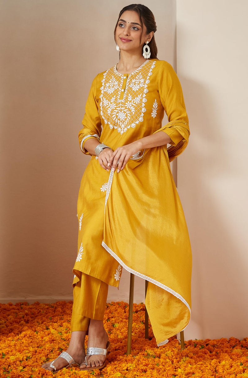 Janasya Women's Mustard Silk Blend Embroidered Straight Kurta Set (JAB25ST02838-L) - Image 5