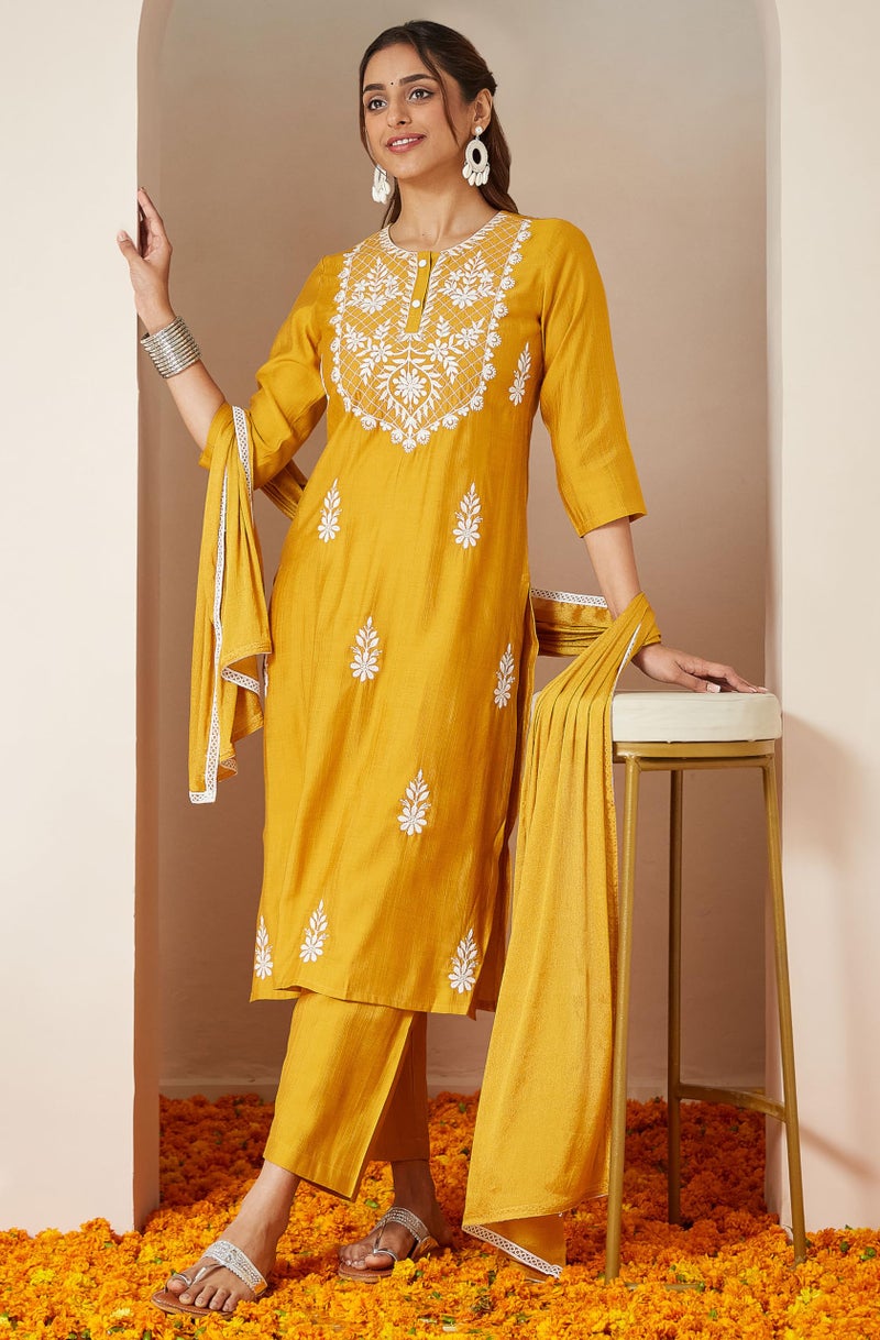 Janasya Women's Mustard Silk Blend Embroidered Straight Kurta Set (JAB25ST02838-L) - Image 2