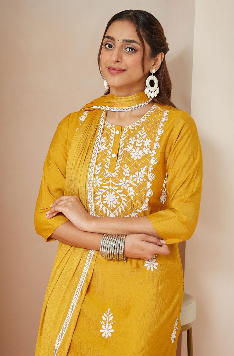 Janasya Women's Mustard Silk Blend Embroidered Straight Kurta Set (JAB25ST02838-L) - Image 3