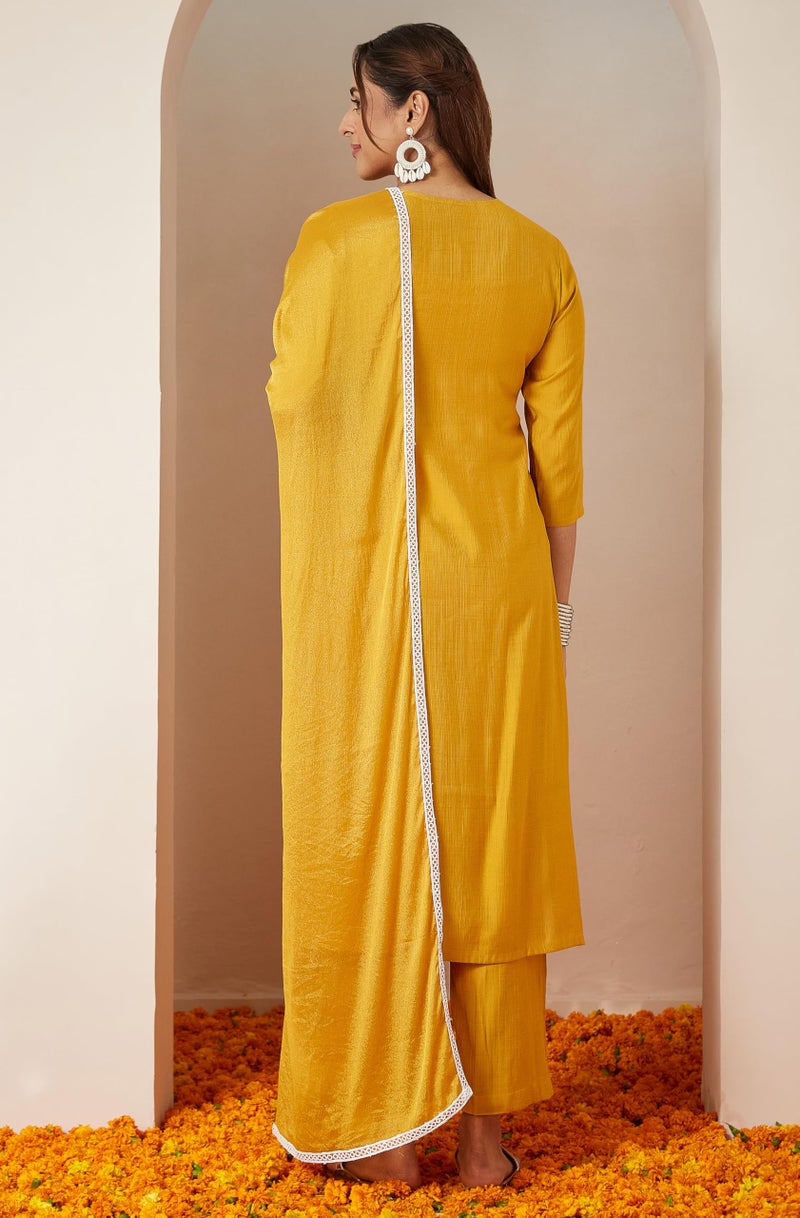 Janasya Women's Mustard Silk Blend Embroidered Straight Kurta Set (JAB25ST02838-L) - Image 4