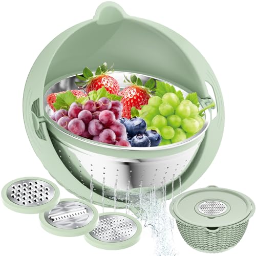 STOCKPOT 4 in 1 Colander with Bowl Set Food Strainers and Colanders Colander for Kitchen Pasta Strainer Fruit Washing Bowl Kitchen Essentials Strainer Basket Bowl Green Christmas New Year Gifts - Image 1