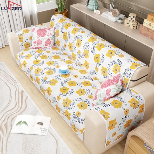 Lukzer 5 Seater Quilted Reversible Brick Bloom Design Sofa Cover Mat with Arms 3+1+1 Seater | Polyester Blend 350 GSM Full Coverage & Back Belt for Stability | Washable Furniture Protector (SC-201-05) - Image 4