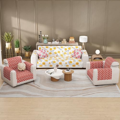 Lukzer 5 Seater Quilted Reversible Brick Bloom Design Sofa Cover Mat with Arms 3+1+1 Seater | Polyester Blend 350 GSM Full Coverage & Back Belt for Stability | Washable Furniture Protector (SC-201-05) - Image 1