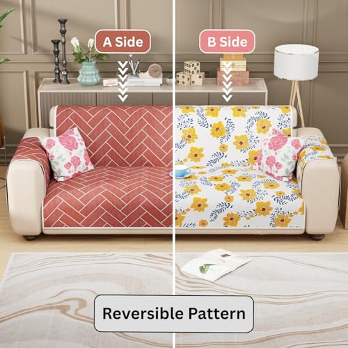 Lukzer 5 Seater Quilted Reversible Brick Bloom Design Sofa Cover Mat with Arms 3+1+1 Seater | Polyester Blend 350 GSM Full Coverage & Back Belt for Stability | Washable Furniture Protector (SC-201-05) - Image 5