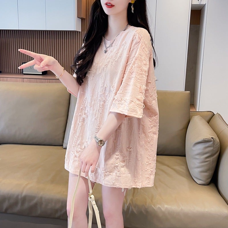 Back Collar Summer Mid-Length Cut Out Short-Sleeved Ripped T-Shirt For Women Style Fashionable Butt-Covering Top - Image 5