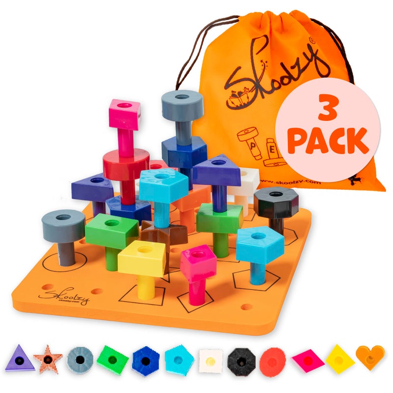 سكولزي Skoolzy Toddler PEG Board 38 PCS مع eBook - Pegboard للأطفال الصغار - لوحة التراص PEG - مطابقة الألوان والتعرف على الشكل للأطفال الصغار 3+ - Image 2