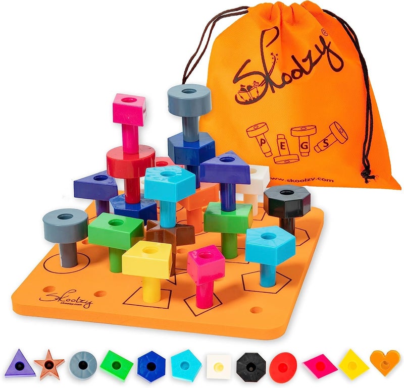 سكولزي Skoolzy Toddler PEG Board 38 PCS مع eBook - Pegboard للأطفال الصغار - لوحة التراص PEG - مطابقة الألوان والتعرف على الشكل للأطفال الصغار 3+ - Image 1