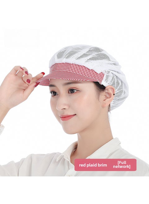 Breathable Chef Cap Dustproof Kitchen Work Hat for WomenRed lattice brim [full Net]] Red lattice brim [full Net]]