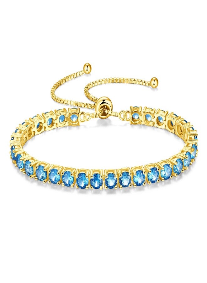 FANCIME December Birthstone Jewelry Blue Topaz Bracelet 14K Gold Plated Tennis Bracelet Bolo Adjustable Chain Fine Jewelry Gifts for Women Mom Wife Her, 4mm Width - Image 1