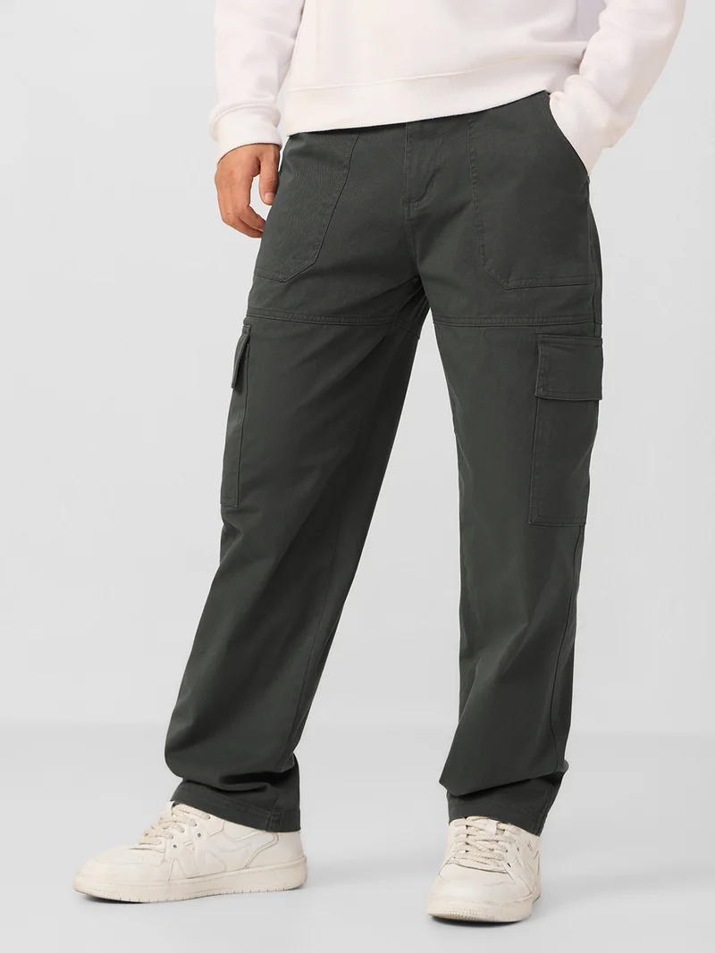 Utility Line: Storm Black Men and Boys Zippered Waist Solid Cotton Twill Straight Fit Lightweight Stretchable Multi-Pocket Everyday Cargo Pants