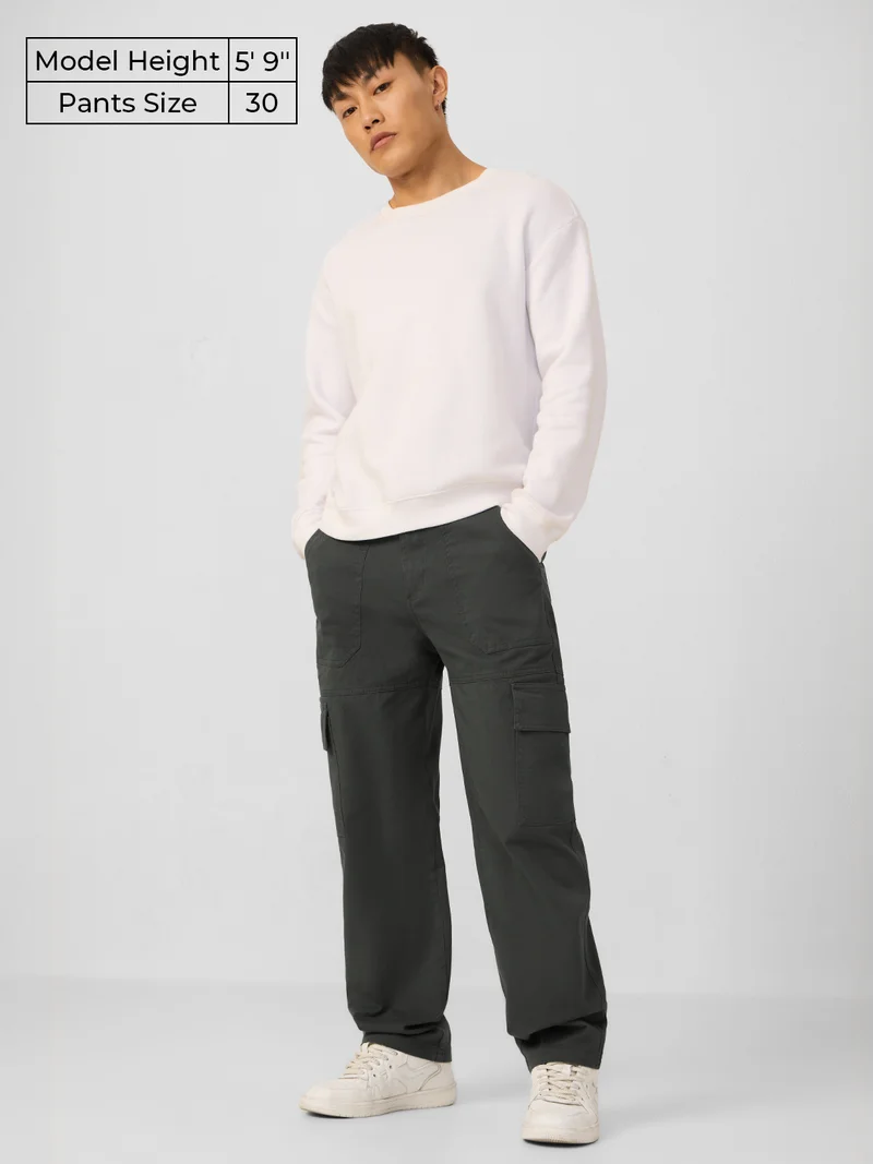 The Souled Store  Utility Line: Storm Black Men and Boys Zippered Waist Solid Cotton Twill Straight Fit Lightweight Stretchable Multi-Pocket Everyday Cargo Pants  | Best Price UAE