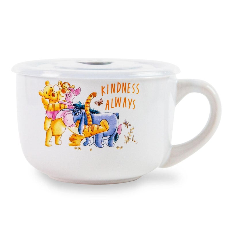 Silver Buffalo Disney Winnie the Pooh Kindness Always Featuring Eeyore, Tigger, and Piglet Ceramic Soup Mug with Vented Plastic Lid, 24 Ounces - Image 1